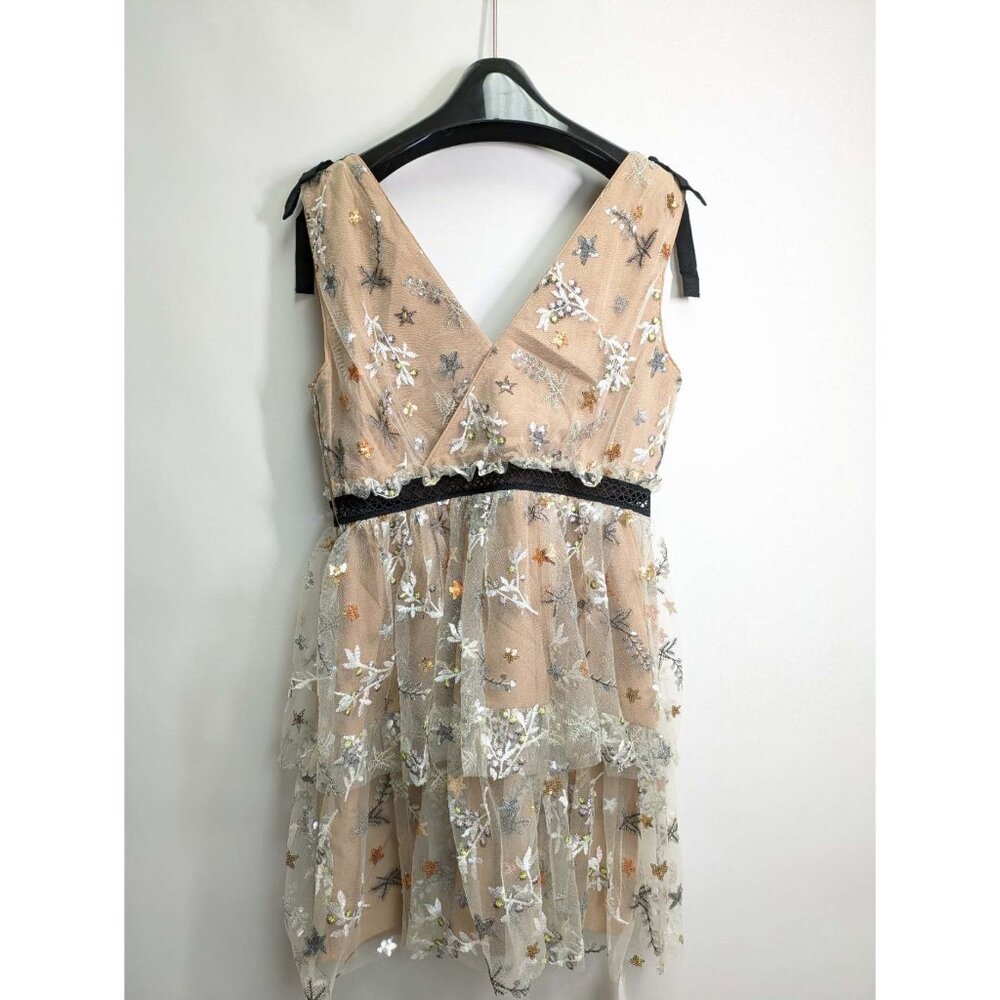 Self-portrait Star Embellished Mini Tiered Dress Beige US10 - Picture 4 of 10